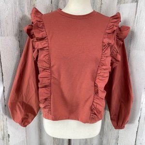 The Line of Style Women's Rust Brown‎ Ruffle Balloon Sleeve Shirt Top Blouse M
